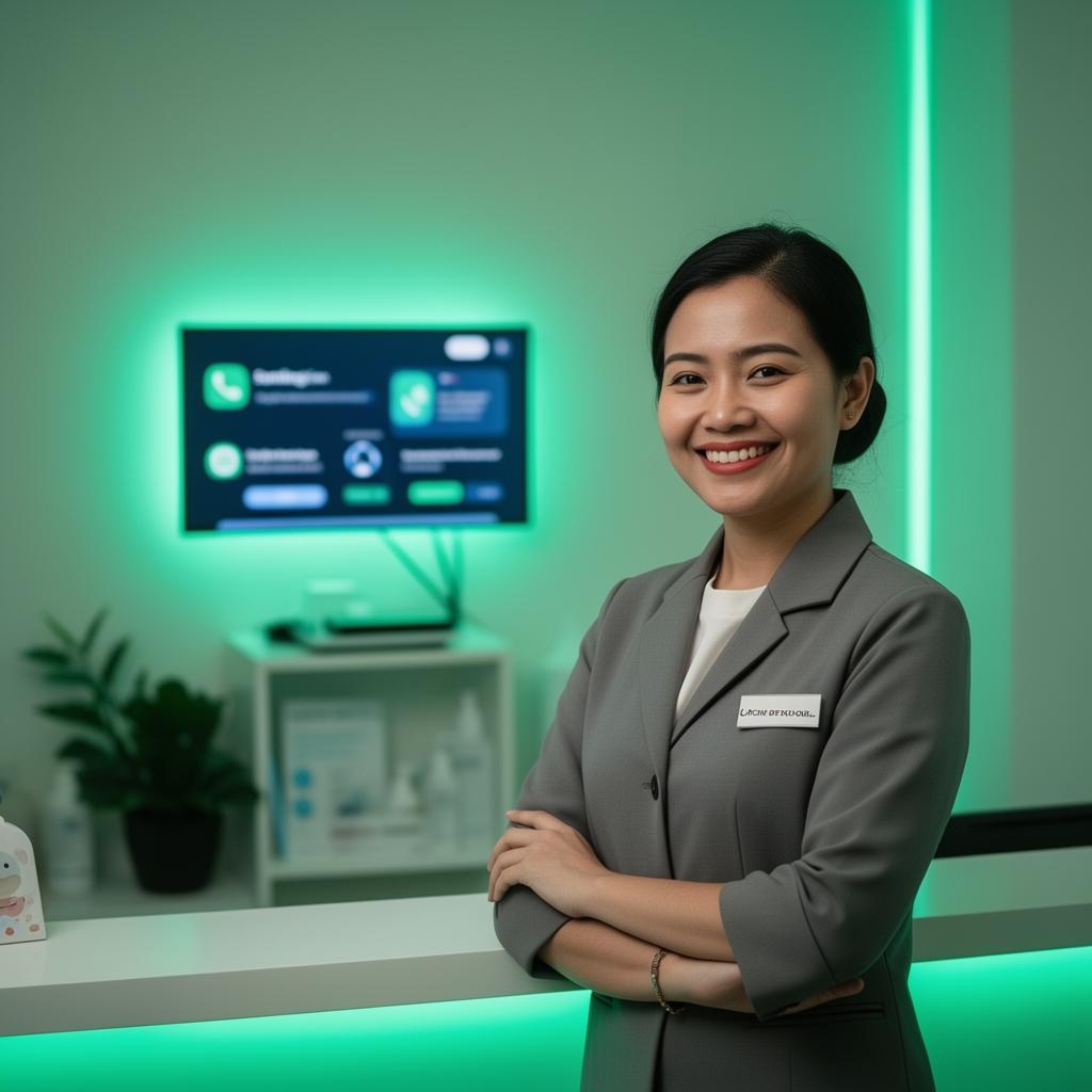 Friendly clinic receptionist with AI assistant on screen