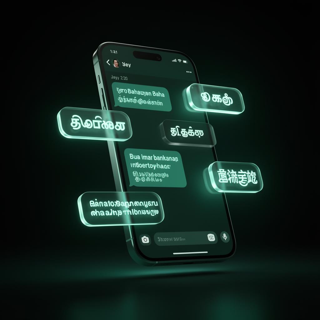Multilingual WhatsApp chat bubbles floating above a phone